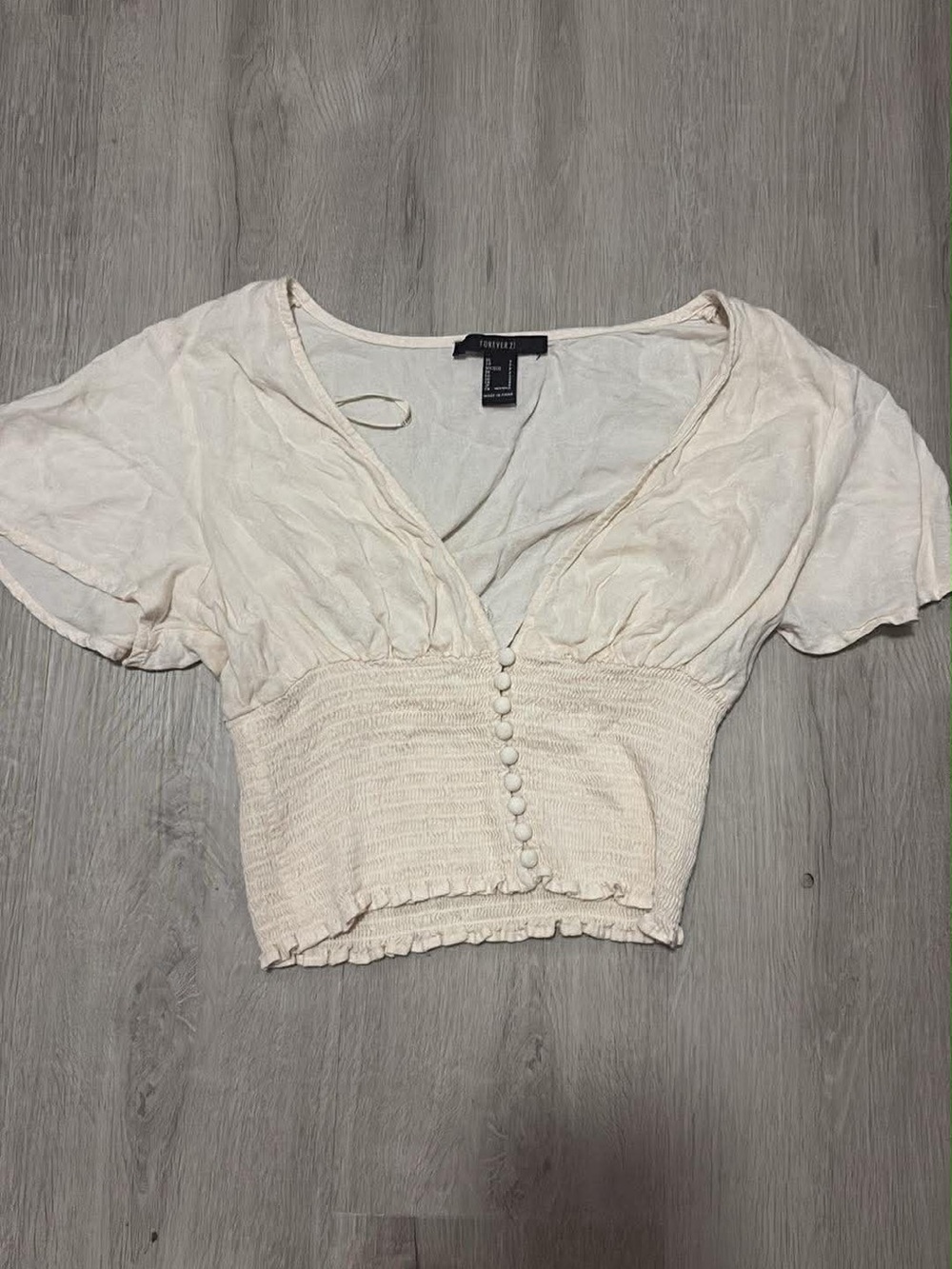 Forever 21 Cream Smocked Button-Front V-Neck Crop Top